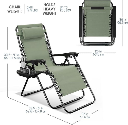 Nestl Zero Gravity Chairs 1 Pk, Portable Patio Lounge Outdoor with Pillows & Cup Holder Trays, Adjustable Steel Lawn Chair for Deck, Beach - Sage Green