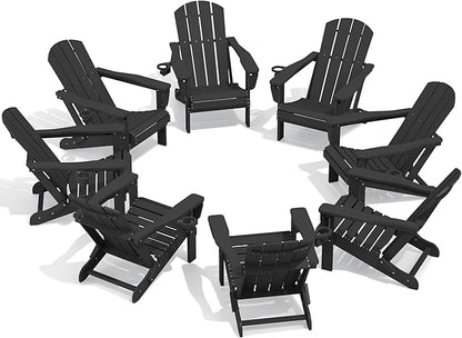 SERWALL Folding Adirondack Chair Set of 8, Adjustable Adirondack Chair with 3 Recline Positions, All Weather HDPE Outdoor Adirondack with Cup Holders, Black