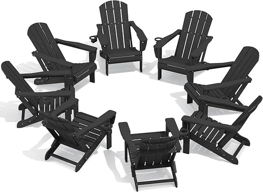 SERWALL Folding Adirondack Chair Set of 8, Adjustable Adirondack Chair with 3 Recline Positions, All Weather HDPE Outdoor Adirondack with Cup Holders, Black