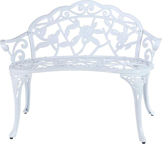 Patio Balcony Bench Double Seat, Anti-Rust Cast Aluminum Patio Garden Bench for Park Yard Outdoor Furniture White.1