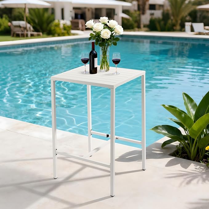 VINGLI 27 Inch Outdoor Bar Table, All-Weather Aluminum Patio Balcony Pub Table for Pool, Blacony, Yard (White) - Photo 6