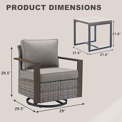Outdoor Patio Swivel Rocker Chairs - 3 Piece Wicker Patio Furniture Bistro Set with 2 Swivel Rocking Chairs and 1 Metal Side Table,Thick Cushions,Deep Seating for Deck Porch Garden(Mixed Grey/Grey)