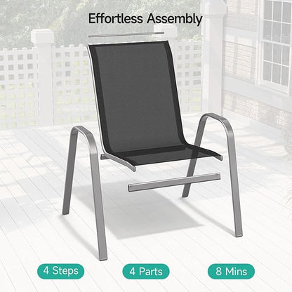 Patio Chairs Set of 4, Easily Set Up Stackable Outdoor Dining Chairs with High Back and Wide Seat, All Weather Breathable Outdoor Chairs Set of 4 with Metal Frame for Backyard Deck Pool, Black