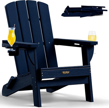 Folding Adirondack Chair 1 Pack, HDPE All-Weather Fire Pit Chairs, Plastic Adirondack Chairs with 2 Cup Holder, Outdoor Lawn Chair for Patio Garden (Navy Blue)