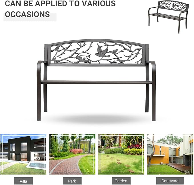 50" Cast Steel Metal Garden Bench, Floral Pattern for Yard, Lawn, Porch Porch, Brown