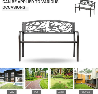 50" Cast Steel Metal Garden Bench, Floral Pattern for Yard, Lawn, Porch Porch, Brown