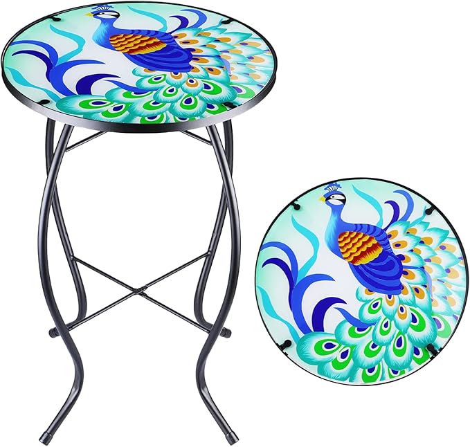 12 Inch Small Outdoor Side Table with Colorful Peacock, Glass Mosaic Patio Table Indoor - Photo 1