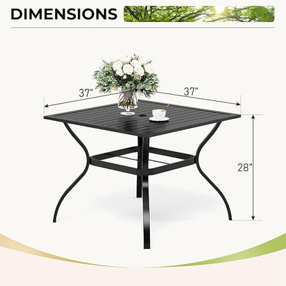 Outdoor Patio Square Dining Table, 37"x 37" Metal Slatted Tabletop with Adjustable Umbrella Hole, All Weather Wrought Iron Black Outdoor Table for Deck Lawn Garden Backyard, Black