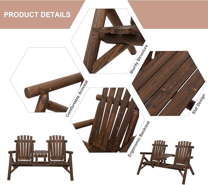Outsunny 2-Seat Wooden Adirondack Chair, Patio Bench with Table, Outdoor Loveseat Fire Pit Chair for Porch, Backyard - Photo 4