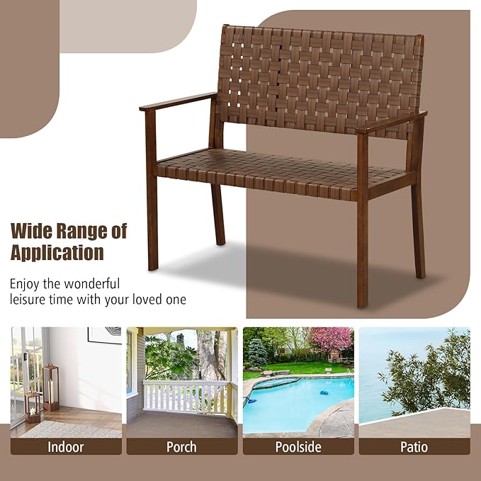 Tangkula Patio Loveseat Bench, Outdoor All Weather Bench with Solid Rubber Wood Frame & Hand Woven PU Leather, Indoor Outdoor 2-Seater Conversation Chair for Backyard, Garden, Poolside