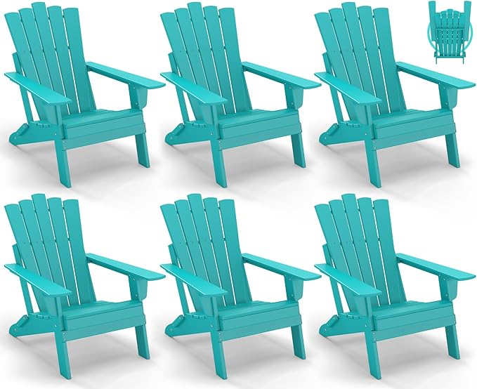 GREENVINES Folding-Adirondack-Chairs-Set-of-6 | HDPE Plastic | Throne Series | Fire Pit Chair | All Weather | for Outdoor Patio Deck Backyard Poolside | Aqua