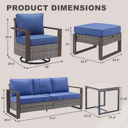 Rilyson Outdoor Wicker Patio Furniture Set - 6 Piece Patio Conversation Set with 2 Wicker Swivel Rocker Chairs,2 Rattan Ottoman,1 Side Table and 1 Couch,Thick Cushions,Deep Seating(Mixed Grey/Blue)