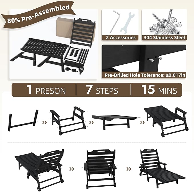 Mdeam 6-Position Lounge Chair Outdoor, 22" W Oversized Sun Tanning Chair, 500LBS Capacity, HDPE All-Weather Patio Lounge Chaise with Wheels Cup Holder for Pool Beach Backyard Lawn Deck, Black