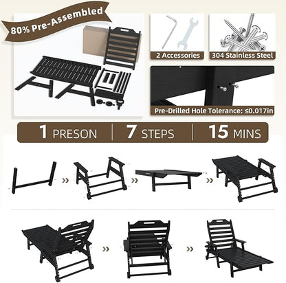 Mdeam 6-Position Lounge Chair Outdoor, 22" W Oversized Sun Tanning Chair, 500LBS Capacity, HDPE All-Weather Patio Lounge Chaise with Wheels Cup Holder for Pool Beach Backyard Lawn Deck, Black