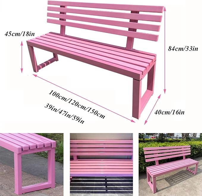 2-Person Outdoor Bench w/Backrest, Metal Steel Benches Furniture for Patio Garden Porch Entryway Indoor Deck Backyard Bench L:39" 47" 59"(White,59in)
