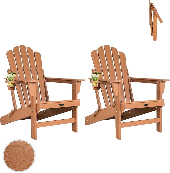 FUNBERRY Folding Adirondack Chairs Set of 2, All Weather HDPE Wood Texture Fire Pit Chairs with Cup Holder for Outdoor