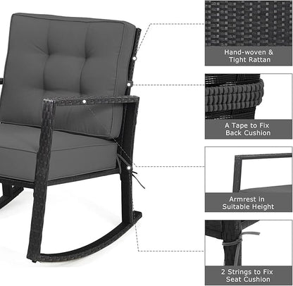 Tangkula Wicker Rocking Chair, Outdoor Glider Rattan Rocker Chair with Heavy-Duty Steel Frame, Patio Wicker Furniture Seat with 5” Thick Cushion for Garden, Porch, Backyard, Poolside (1, Gray)
