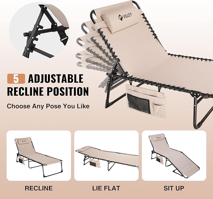 VILLEY Oversized Chaise Lounge Chair, Heavy-Duty Folding Outdoor Lounge Chair with 5 Adjustable Positions, Portable Trifold Beach Lounger for Patio, Beach, Lawn, Backyard, Camping – Beige