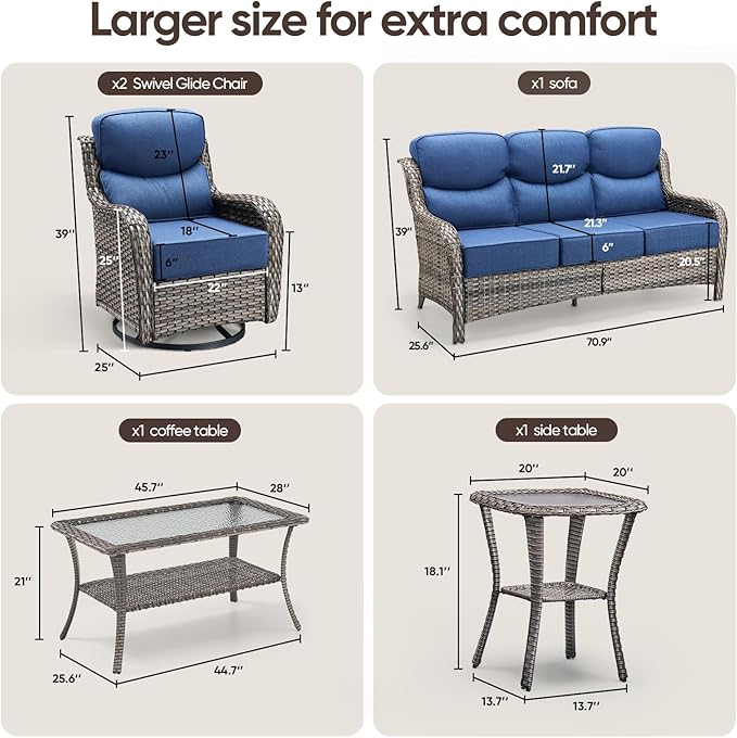 Swivel Patio Chairs sofa Set of 5 with 6" Thick Cushion - Wicker Outdoor Swivel Rocker Patio Chair ,Sofa/Glass coffee - Photo 2