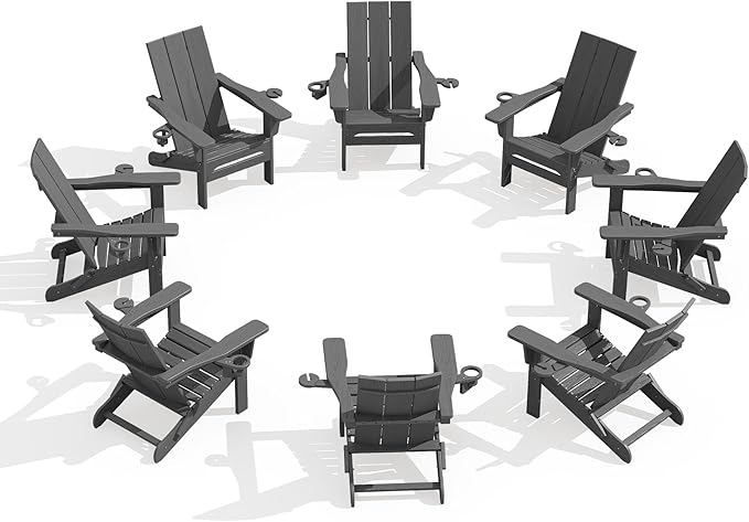 SERWALL Outdoor HDPE Adirondack Chair Set 8，Folding Adirondack Chair with Cup Holders, All Weather Resistant Modern Adirondack Chair, Gray