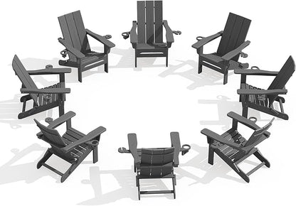 SERWALL Outdoor HDPE Adirondack Chair Set 8，Folding Adirondack Chair with Cup Holders, All Weather Resistant Modern Adirondack Chair, Gray