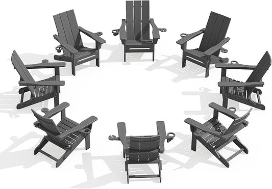 SERWALL Outdoor HDPE Adirondack Chair Set 8，Folding Adirondack Chair with Cup Holders, All Weather Resistant Modern Adirondack Chair, Gray