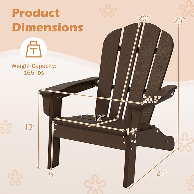 Costzon Adirondack Chair Set of 2, All-Weather HDPE Patio Chair with Armrests, Fire Pit Chair for Ages 3-8, Outdoor Patio Lounge Chair for Garden, Lawn, Backyard (Brown)