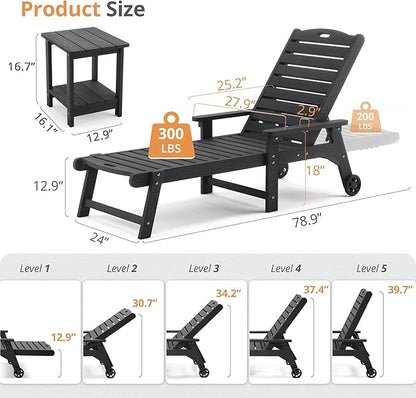 LUE BONA Outdoor Lounge Chair Set with Table, 6-Piece, HDPS Chaise Lounge Outdoor with Wheels, 5 Positions Adjustable Pool Lounger Chairs for Outside, Patio, Deck, Black
