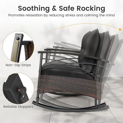 ORALNER 3-Piece Wicker Rocking Chair Set, Outdoor Cushioned Rocker and Acacia Wood Side Table, 400lbs Capacity, PE Rattan Patio Conversation Bistro Set for Porch, Garden, Deck, Poolside, Yard (Black)