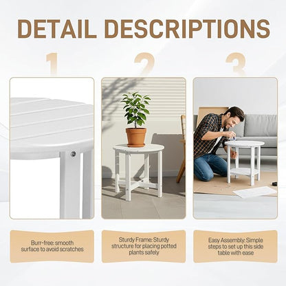 Outvita Adirondack Side Table, 18 Inch Round Outdoor End Table, HDPE Weather Resistant Coffee Table for Patio Balcony Deck Garden, White