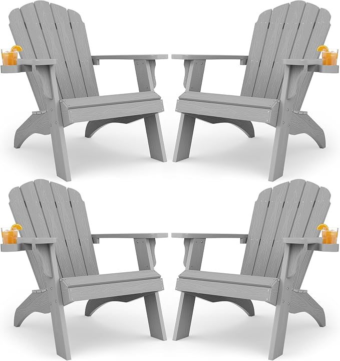 Oversized Plastic Adirondack Chair Set of 2 with Cup-Holder (Large Dual-Purpose), Weather Resistant, Poly Lumber Outdoor Chairs Duty Rating Widely Used in Patio, Lawn, Outside, Deck, Garden Chair-Grey