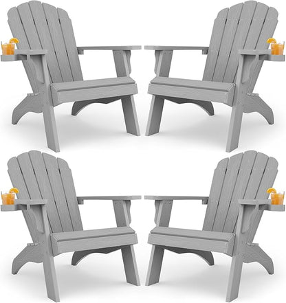 Oversized Plastic Adirondack Chair Set of 2 with Cup-Holder (Large Dual-Purpose), Weather Resistant, Poly Lumber Outdoor Chairs Duty Rating Widely Used in Patio, Lawn, Outside, Deck, Garden Chair-Grey