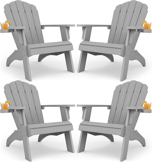 Oversized Plastic Adirondack Chair Set of 2 with Cup-Holder (Large Dual-Purpose), Weather Resistant, Poly Lumber Outdoor Chairs Duty Rating Widely Used in Patio, Lawn, Outside, Deck, Garden Chair-Grey