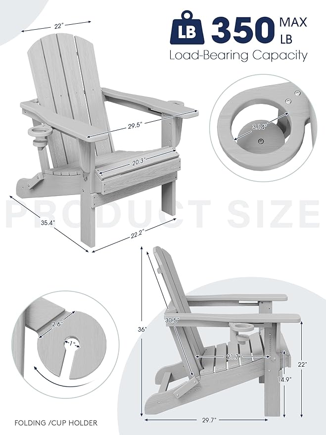 KINGYES Folding Adirondack Chair Set of 2, Dual Cup Holders & All-Weather HDPE, Wood-Like Patio Chair for Backyard, Camping, Pool & Fire Pit, Silver Grey