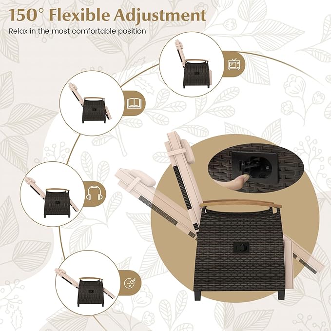 Tangkula Patio Wicker Recliner Chair, Rattan Lounge Chair w/Adjustable Backrest & Footrest, Flip Side Table, Push Back Reclining Seat w/Cushion for Backyard, Porch, Lawn (1, Beige)