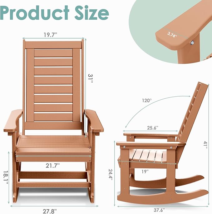 IVY&LANE Outdoor Rocking Chairs Set of 2 | Porch-Rockers | Teak | HDPE Plastic | All-Weather | High Back | Wide Seat | Oversized Patio Rocker for Adult | for Outside Deck Balcony Garden