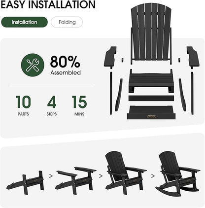 Adirondack Rocking Chair with Retractable Ottoman Set of 2, 4-in-1 Foldable Reclining Patio Chair, HDPE Wood-Look Outdoor Rocker for Porch, Garden & Poolside, Black