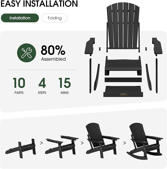 Adirondack Rocking Chair with Retractable Ottoman Set of 4, 4-in-1 Foldable Reclining Patio Chair, HDPE Wood-Look Outdoor Rocker for Porch, Garden & Poolside, Black