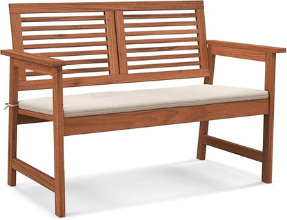 Tangkula Outdoor Bench with Cushion, 2-Person Patio Bench with Slatted Back & Seat, Removable Cushion, Conversation Loveseat Chair for Porch Lawn Garden Backyard Balcony (Off White)