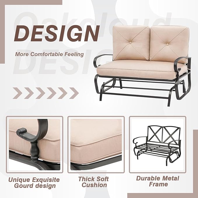 Outdoor Glider Rocking Bench 2 Person Patio Loveseat Steel Frame Furniture Set for Patio, Garden, Yard - Photo 5