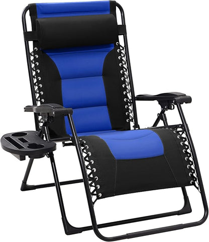 JEAREY Oversized Padded Zero Gravity Chairs, Folding Lounge Chair Outdoor Patio Recliner, Anti Gravity Chair for Backyard with Headrest, Cup Holder, Side Tray, Polyester Mesh - Black/Blue