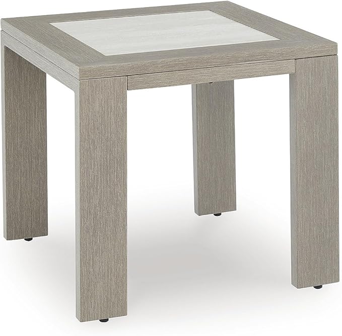 Signature Design by Ashley Kimpton Isle Cottage Sintered Stone Tabletop Outdoor End Table with 4 Legs, Light Brown & Beige
