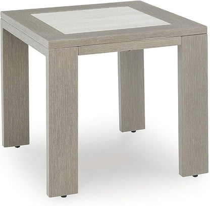 Signature Design by Ashley Kimpton Isle Cottage Sintered Stone Tabletop Outdoor End Table with 4 Legs, Light Brown & Beige