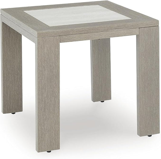 Signature Design by Ashley Kimpton Isle Cottage Sintered Stone Tabletop Outdoor End Table with 4 Legs, Light Brown & Beige