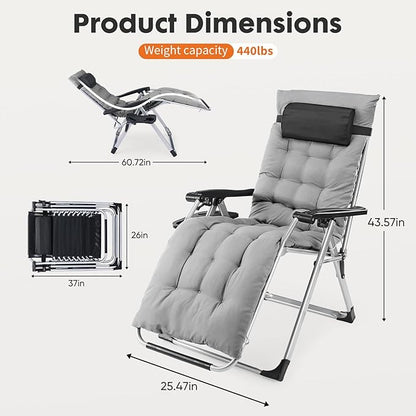 DUMOS Set of 2 Zero Gravity Chair, Reclining Camping Lounge Chair for Outdoor, Reclining Patio Chairs with Cup Holder Trays and Removable Cushion, Folding Recliner for Indoor, Grey