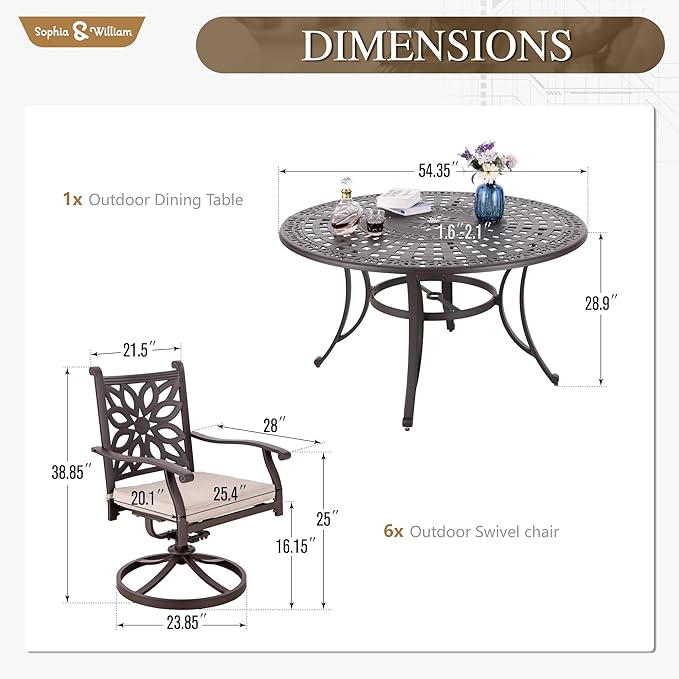 Sophia & William 7 Pieces Cast Aluminium Patio Dining Furniture Set for 6 - Photo 7
