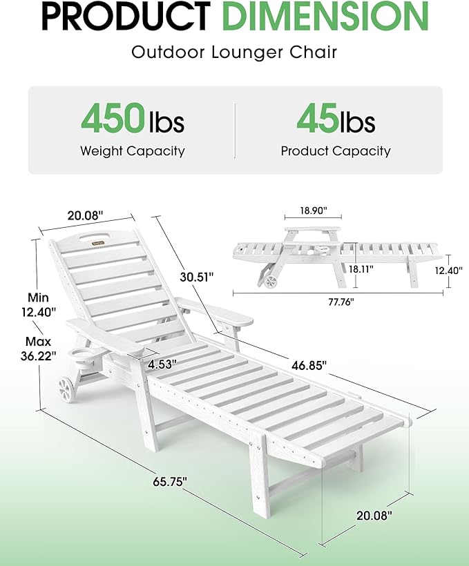 Lounge Chair Outdoor Set of 2, HDPE Chaise Lounge Outdoor, Pool Lounge Chair for Pool Poolside Deck Backyard Patio - Photo 2