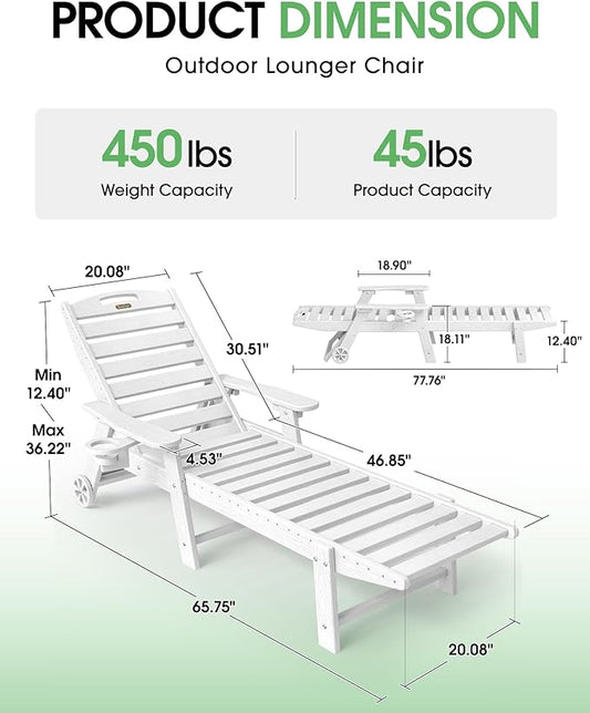 Lounge Chair Outdoor Set of 2, HDPE Chaise Lounge Outdoor, Pool Lounge Chair for Pool Poolside Deck Backyard Patio, White