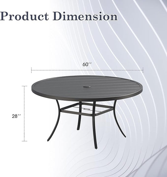 Outdoor Dining Table for 8, 60" Round Outdoor Table with Adjustable Umbrella Hole, All-Weather Metal Patio Dining Table for Lawn Garden Backyard Deck, Black