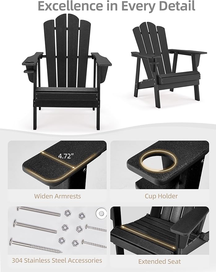 Adirondack Chair - Durable HDPE Poly Lumber All-Weather Resistant, Oversized Balcony Porch Patio Outdoor Chair for Lawn, Backyard, Deck, Garden, Camping - Easy Installation, Black